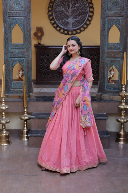 Elegant Lehengha Choli Set with Embroidered Cosmos Silk and Printed Tabby Silk Dupatta