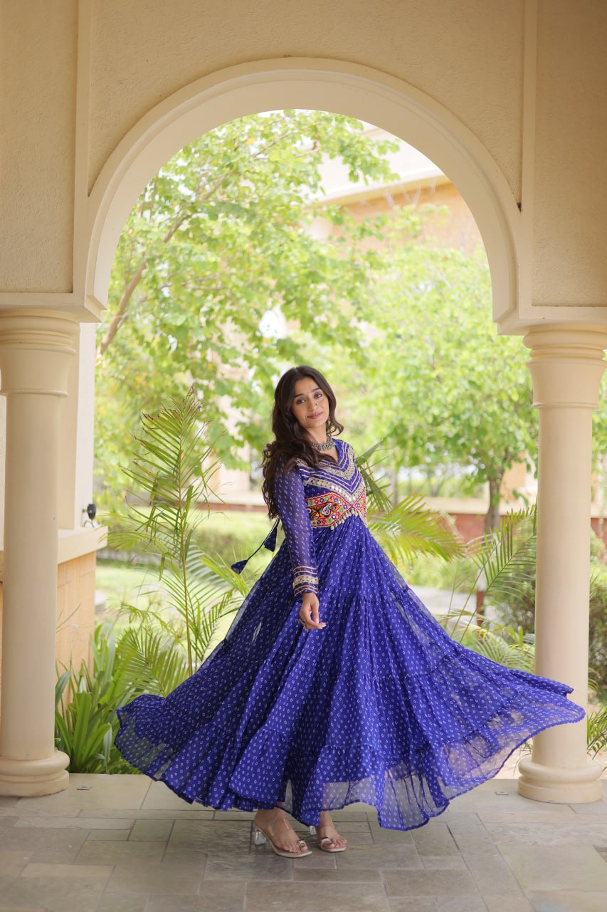 RangBhoomi Bandhani & Kutchi Patchwork Faux Georgette Gown — Navratri Special