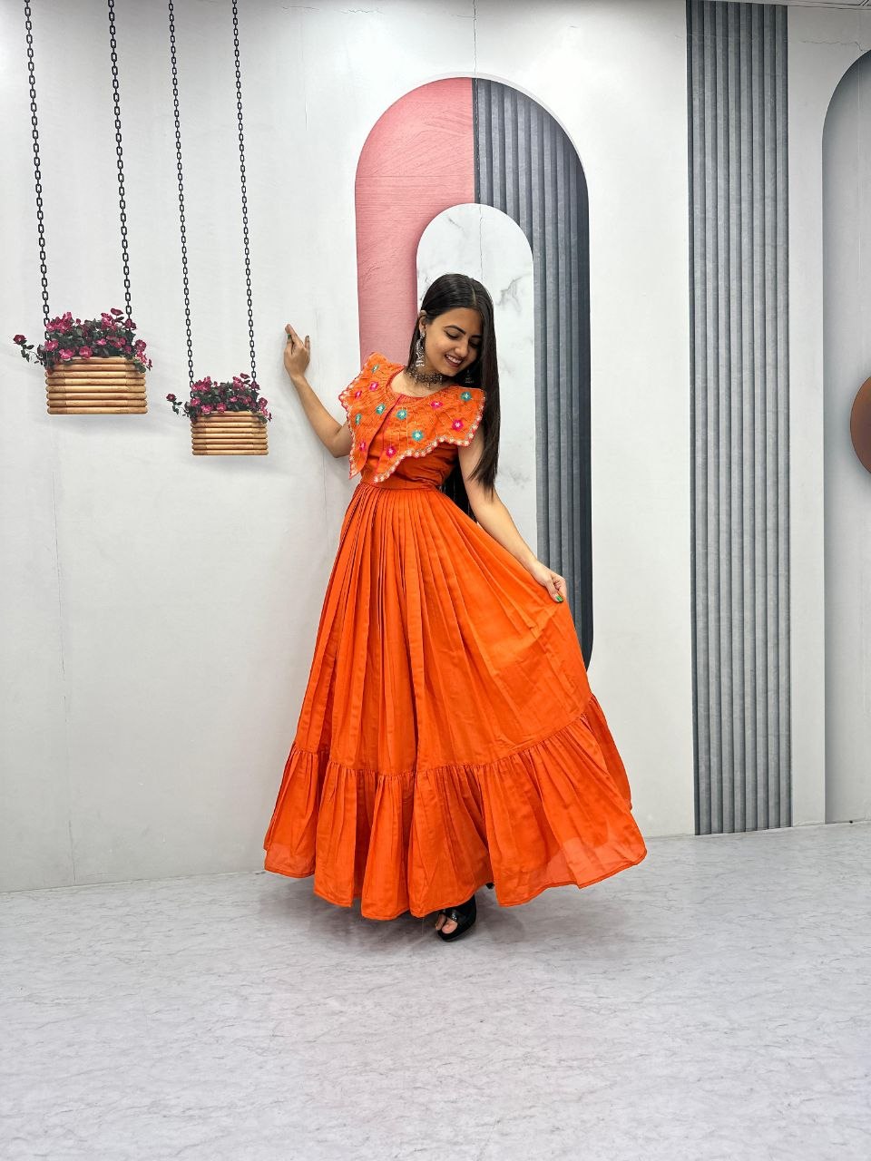 Trendy Hand-Embroidered Roman Fabric Gown with Soft Micro Cotton Lining, Fully Stitched, Available in Sizes M to XL and Beyond