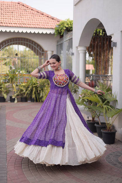 RangBhoomi Navratri 2026 Bandhani Lehenga Set — Full-Stitched Kora Cotton Lehenga with Faux Georgette Kurti