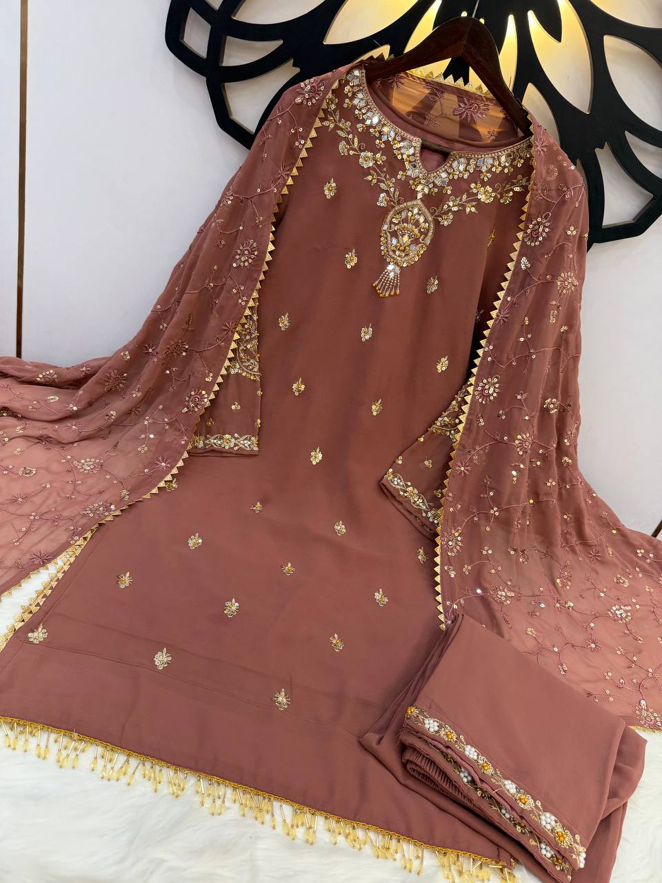 Embroidered Sequined Faux Georgette Top, Bottom, and Dupatta Set – Fully Stitched and Ready to Wear