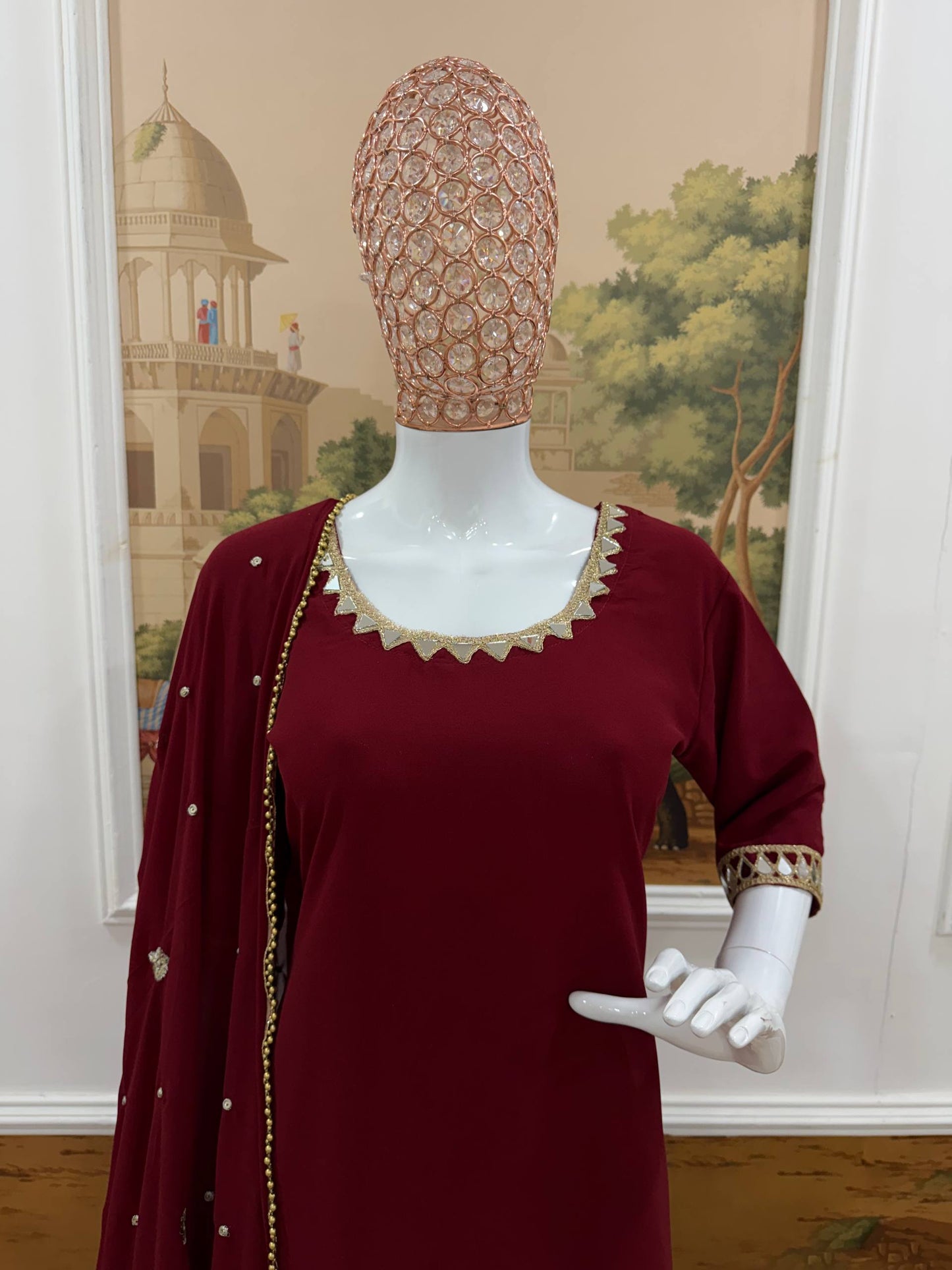 RangBhoomi Heavy Embroidered 3-Piece Suit Set with Real Mirror Work and Elegant Lace Border