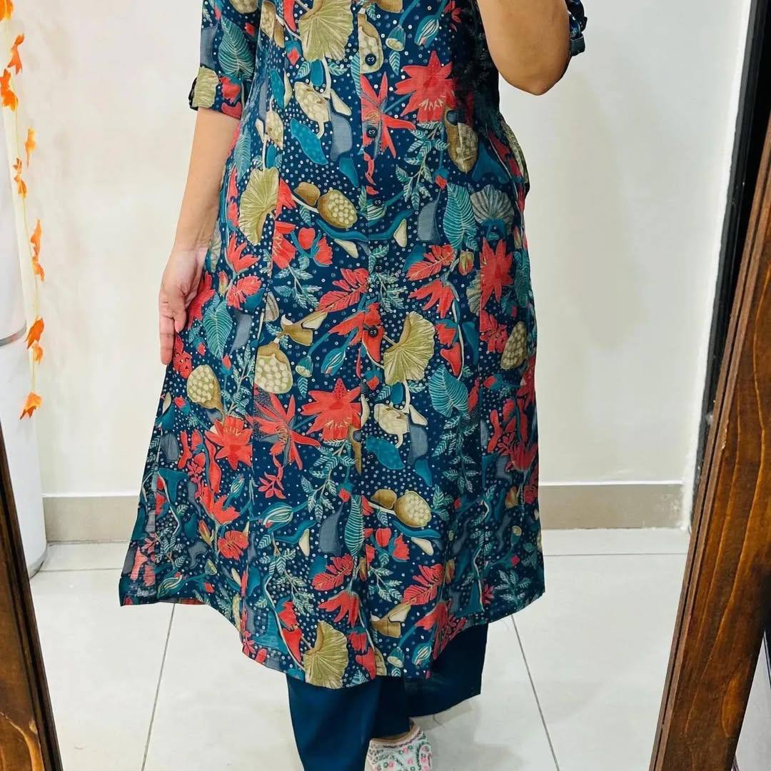 Blue Forest Kurti Set paired with navy bottoms, highlighting the full outfit look.