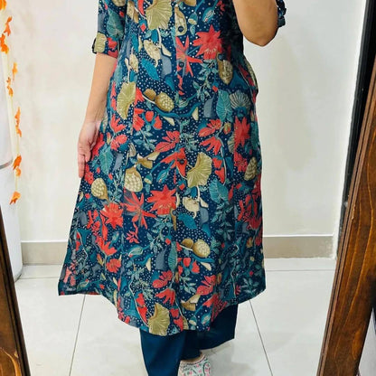 Blue Forest Kurti Set paired with navy bottoms, highlighting the full outfit look.