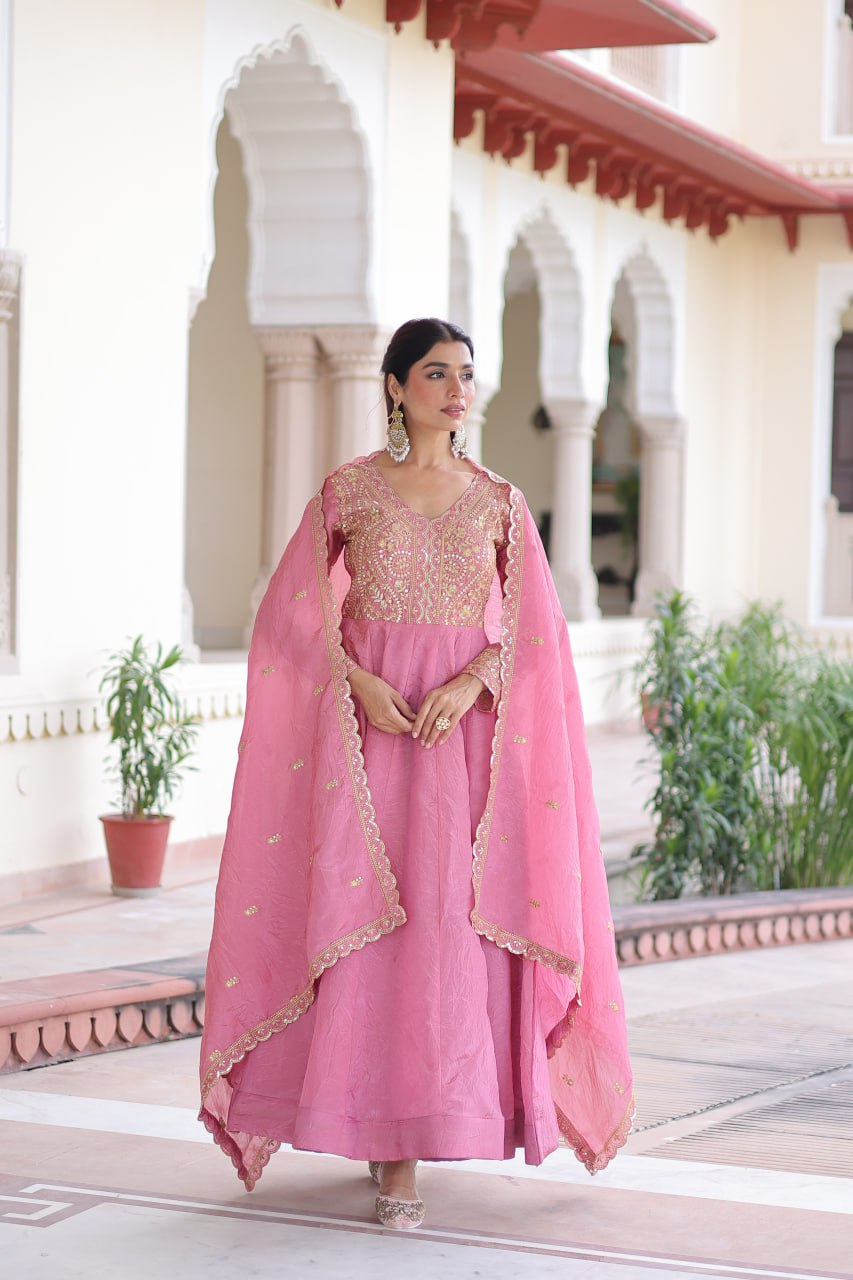 RangBhoomi Premium Ready-Made Gown and Dupatta Set with Elegant Gold Embroidery