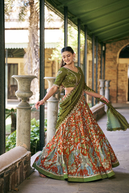 Elegant Kalamkari Silk Lehenga Set with Embroidered Dupatta for Festive and Traditional Occasions