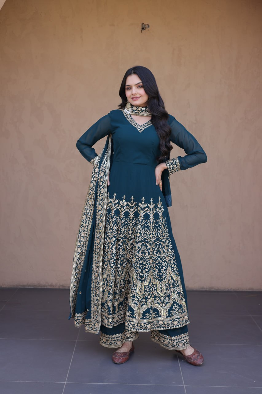 RangBhoomi Premium Readymade Gown with Pant & Dupatta Set - Embroidered Faux Blooming Festive Ensemble