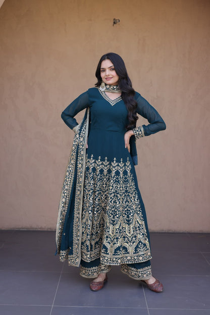 RangBhoomi Premium Readymade Gown with Pant & Dupatta Set - Embroidered Faux Blooming Festive Ensemble