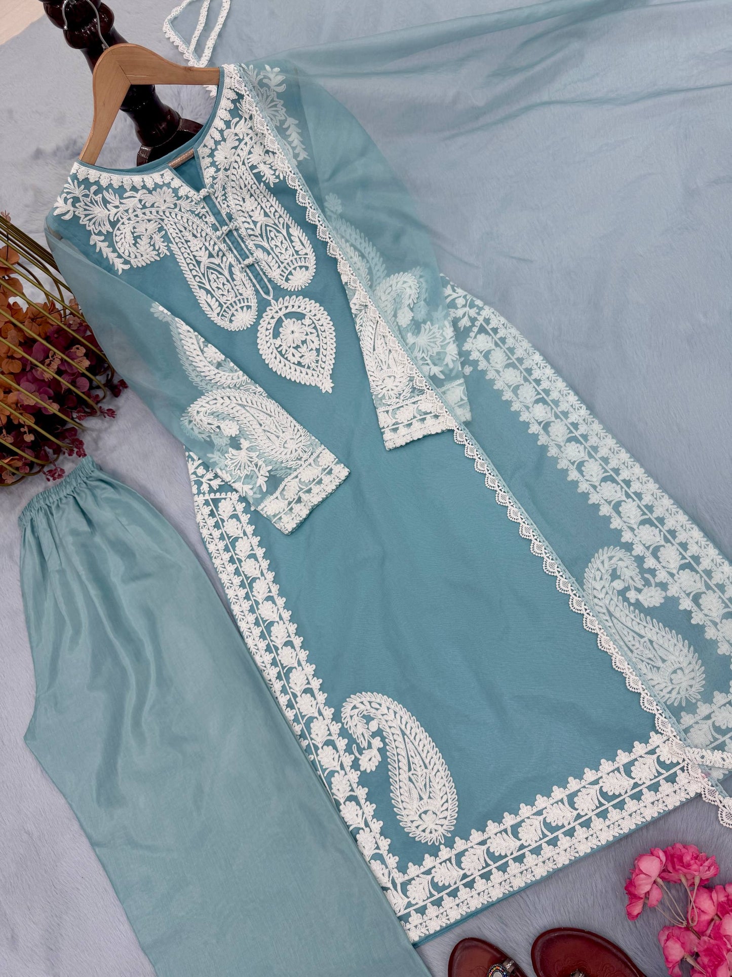 Elegant Designer Party Wear Set with Pure Soft Nylon Organza Silk Top, Palazzo Pants & Dupatta