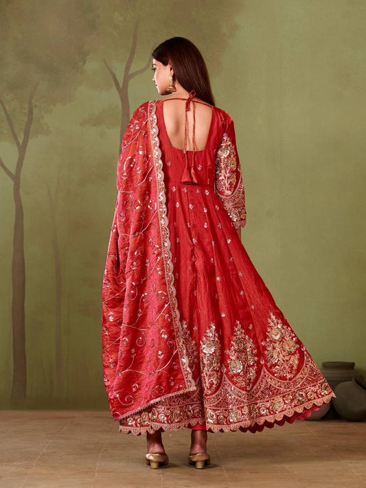 RangBhoomi Designer Party Wear Gown Set — 10 Colors, Heavy Jelly Shimmer Silk, Fully Stitched Embroidered Gown with Dupatta & Micro-Cotton Pant