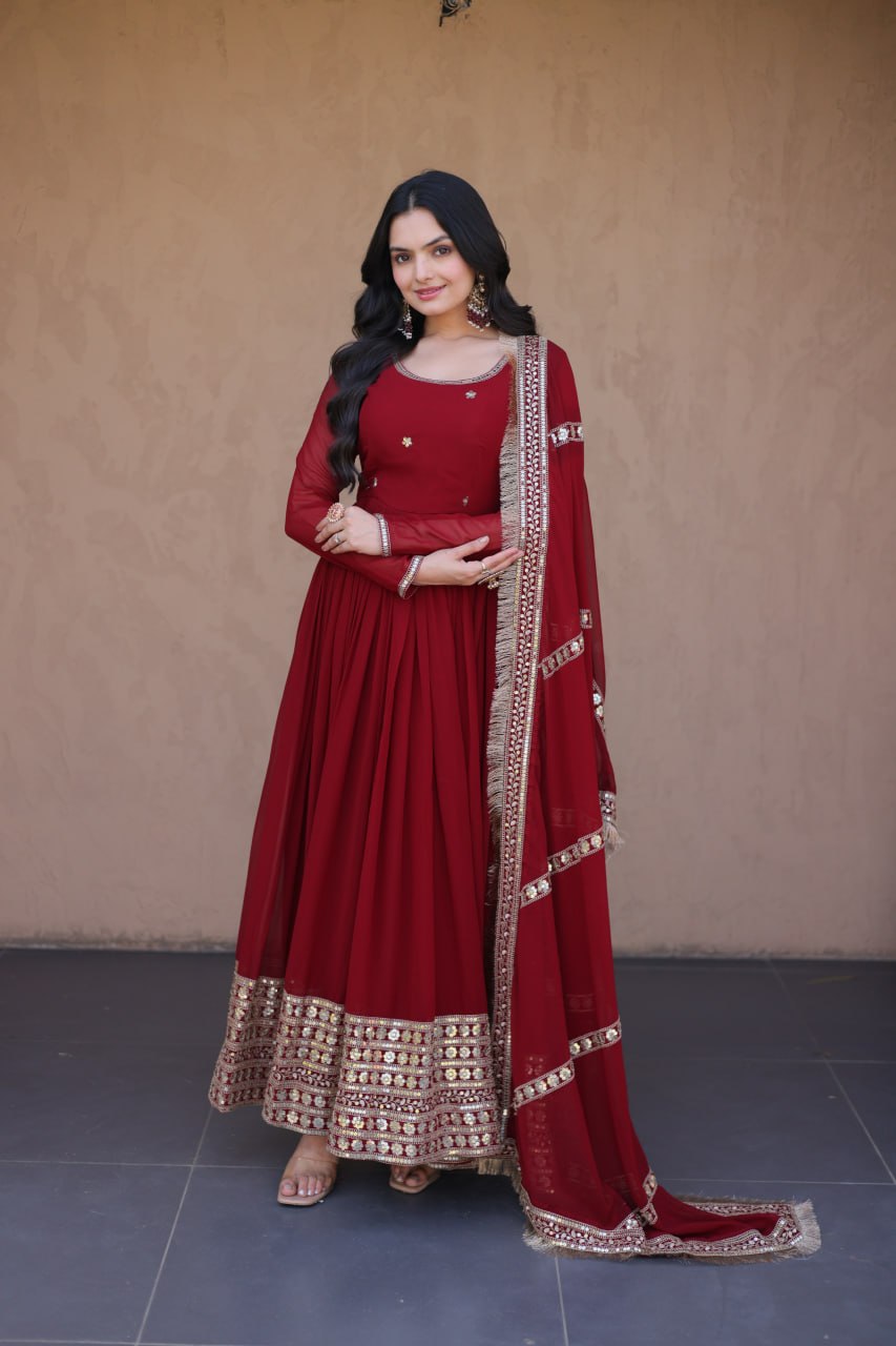 RangBhoomi Festive Faux Blooming Gown with Embroidered Dupatta - Rama & Maroon
