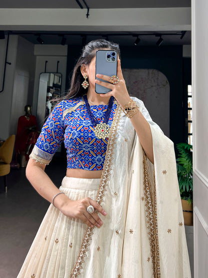 RangBhoomi Elegant Ivory and Royal Blue Lehenga Set with Sequins and Thread Embroidery
