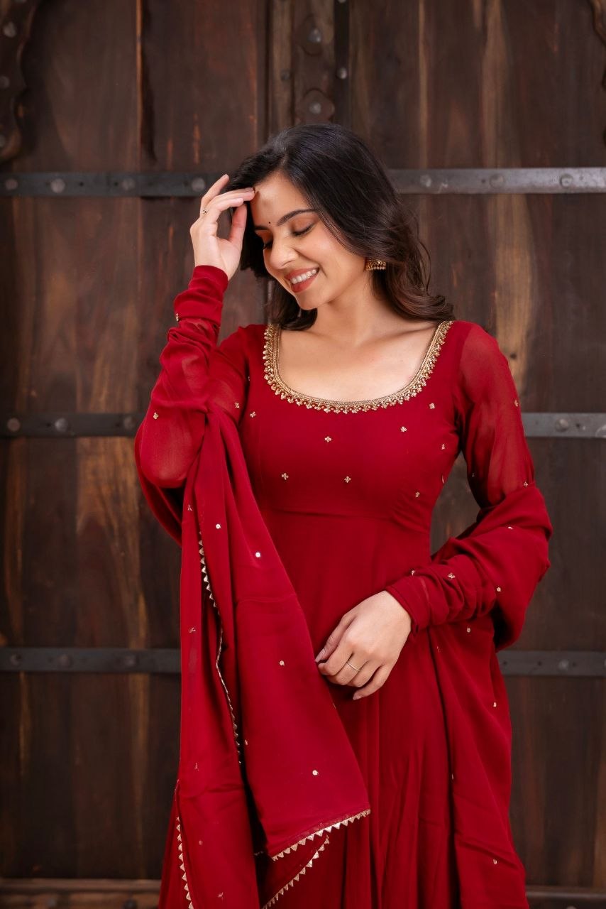 RangBhoomi EHSAAS Georgette Handwork Anarkali Suit Set — Flared Anarkali with Dupatta & Plazzo
