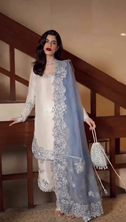 New Designer Party Wear Pure Roman Glass Embroidered Top with Fancy Palazzo and Dupatta Set