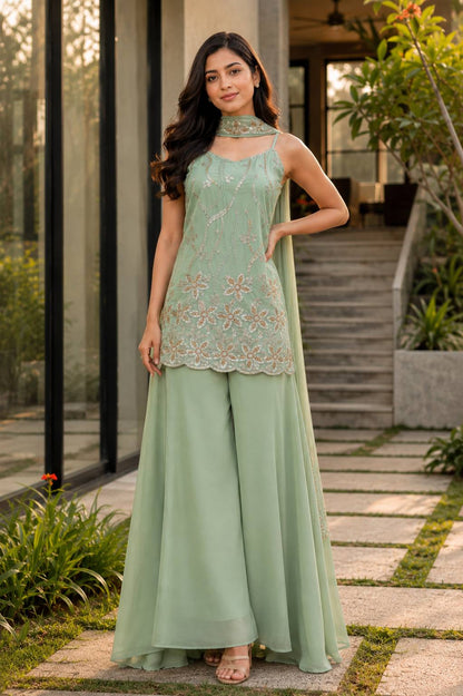 RangBhoomi Heavy Embroidered 3-Piece Suit Set with Fancy Lace (Faux Georgette)
