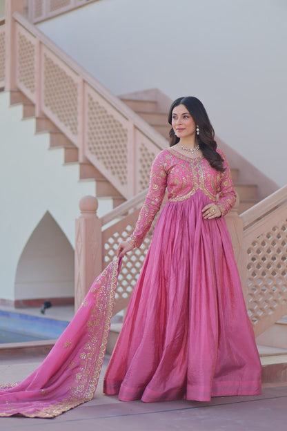 Trending Gold Gown: Crush Fabric, Embroidered Dupatta