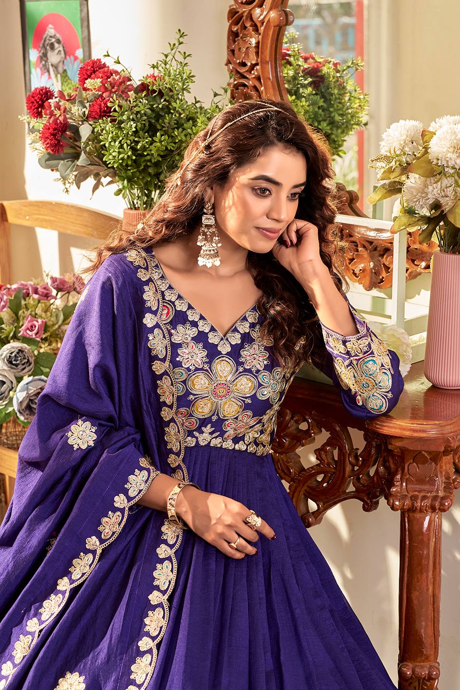 RangBhoomi Exclusive Festival Long Gown and Matching Dupatta Set with Heavy Embroidery