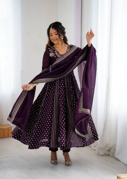Festive Ready-to-Wear Fully Stitched Anarkali Gown Set with Embroidered Sequins and Lace-Trimmed Dupatta