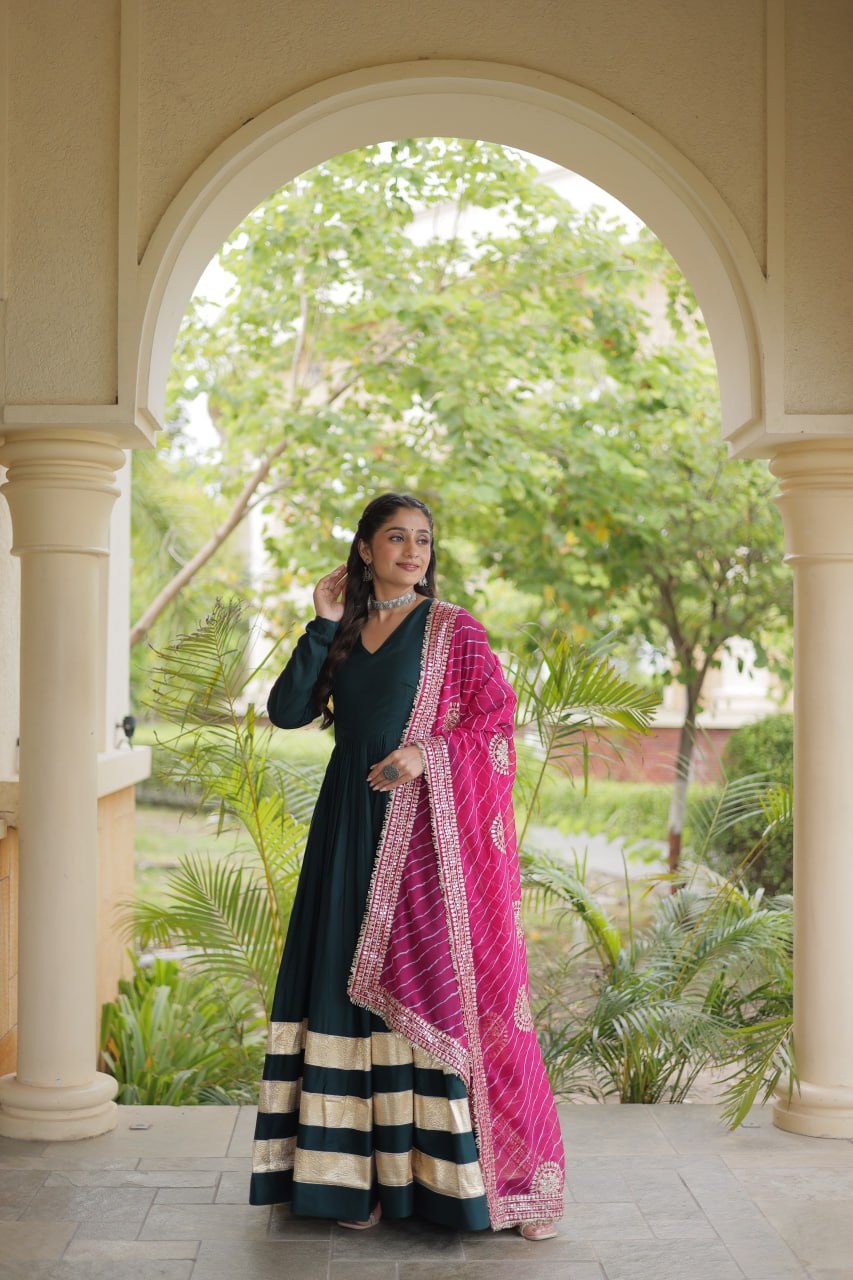 RangBhoomi Navratri Gown & Dupatta Collection 2026 – Full-Sleeve V-Neck Reyon Gown with Georgette Dupatta