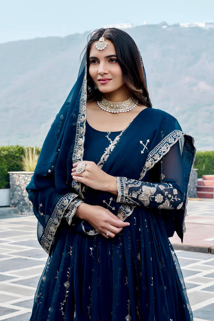 RangBhoomi Festival Long Gown with Matching Dupatta – Elegant Fox Georgette Ensemble with Heavy Sequin Embroidery