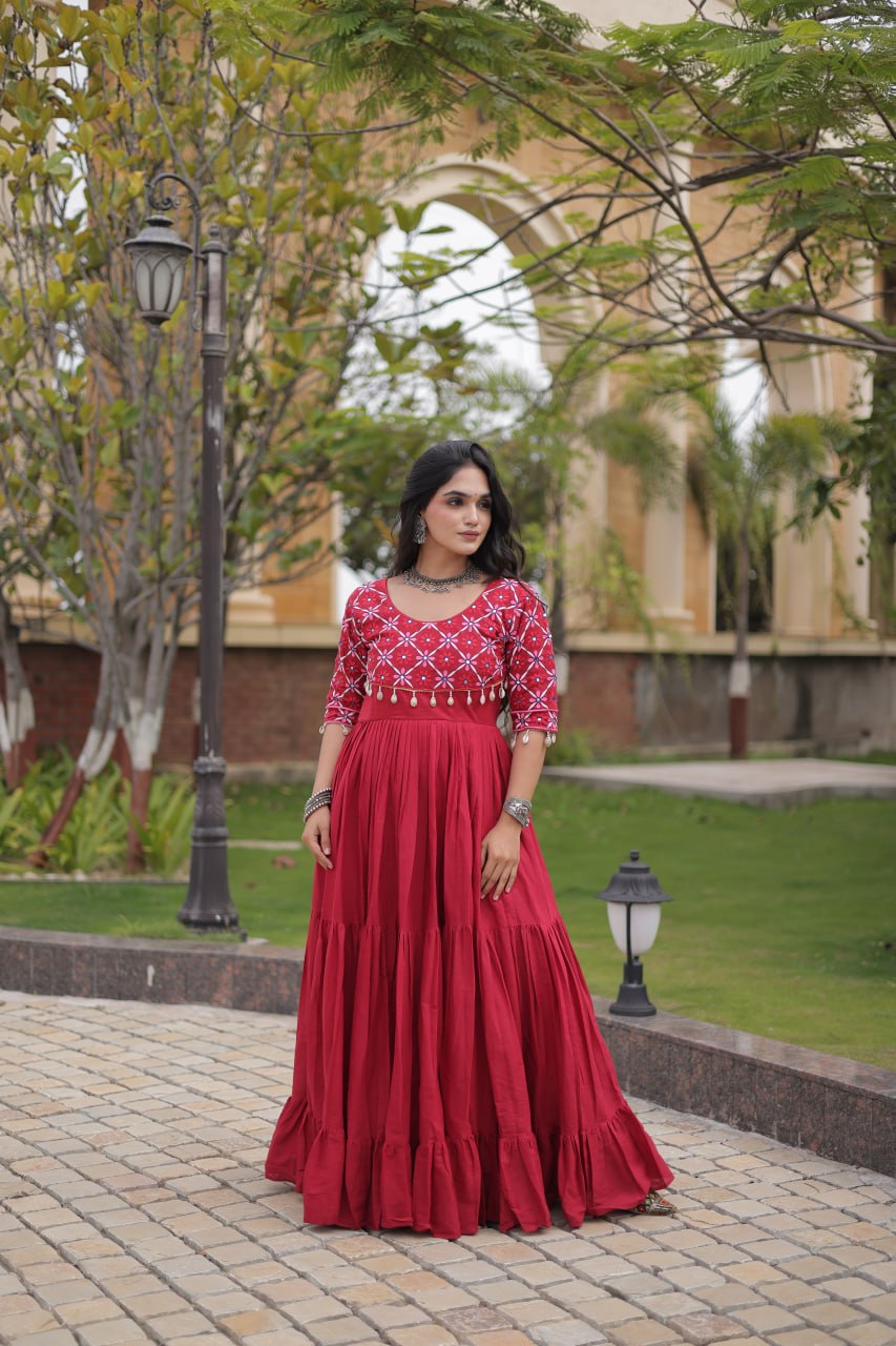 RangBhoomi Navratri Embroidered Kora Cotton Gown — 54" Length, Half Sleeve (Maroon / Black)