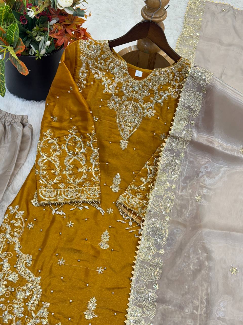 RangBhoomi Exclusive Designer Partywear Set – Pure Heavy GMY Silk with Elaborate Embroidery and Sequins