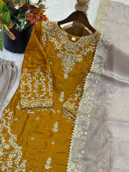 RangBhoomi Exclusive Designer Partywear Set – Pure Heavy GMY Silk with Elaborate Embroidery and Sequins