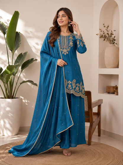 RangBhoomi Designer Festival Ensemble - Embroidered Chinon Top with Rangoli Crush Palazzo & Dupatta