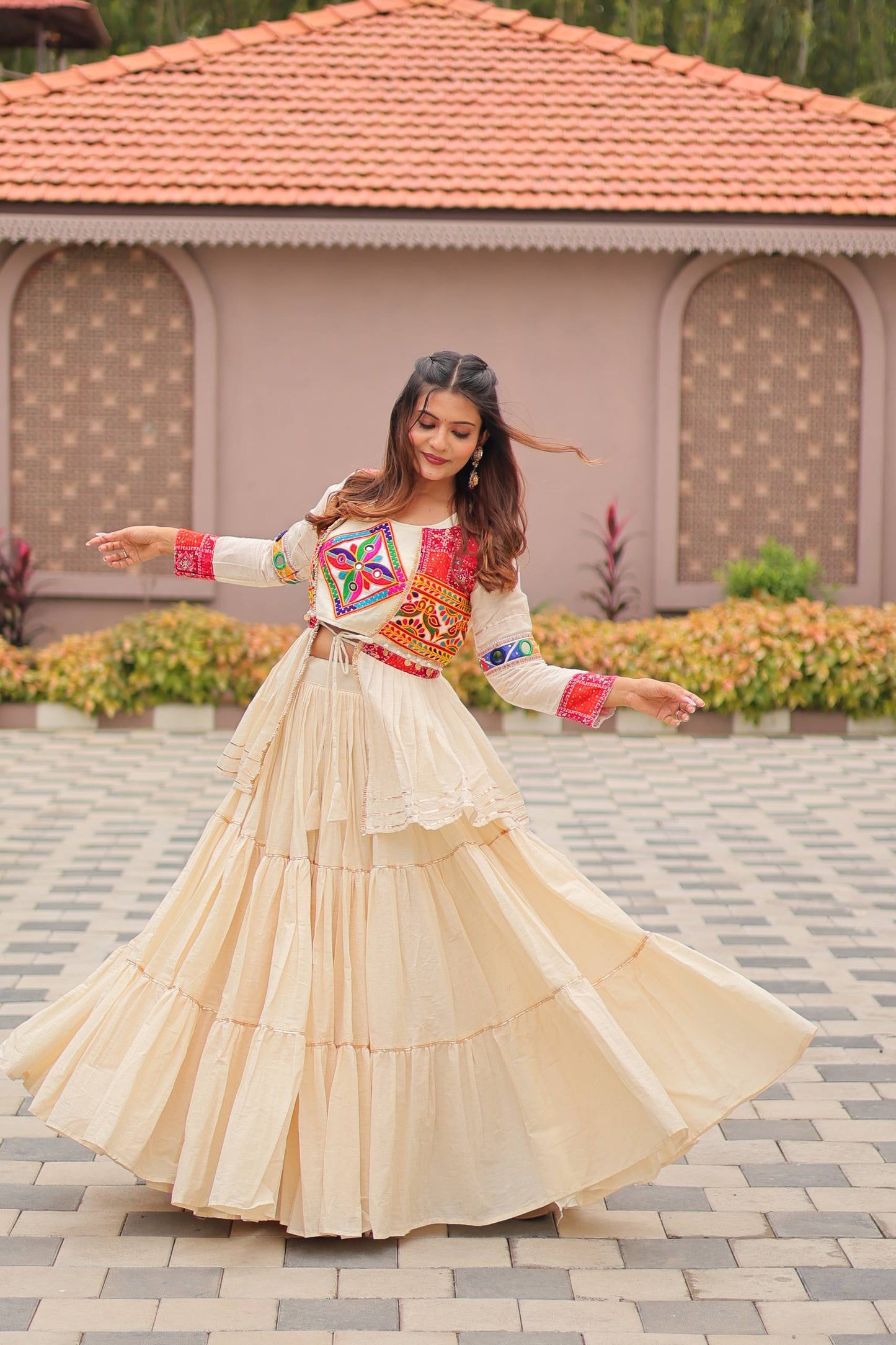 Navratri Special Gamthi Embroidery Lehenga Choli with Mirror and Ribbon Lace – Pure Cotton, Fully Stitched, 9 Meter Flair