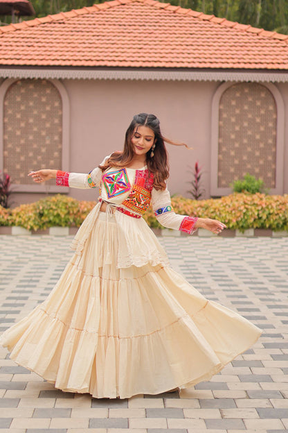 Navratri Special Gamthi Embroidery Lehenga Choli with Mirror and Ribbon Lace – Pure Cotton, Fully Stitched, 9 Meter Flair