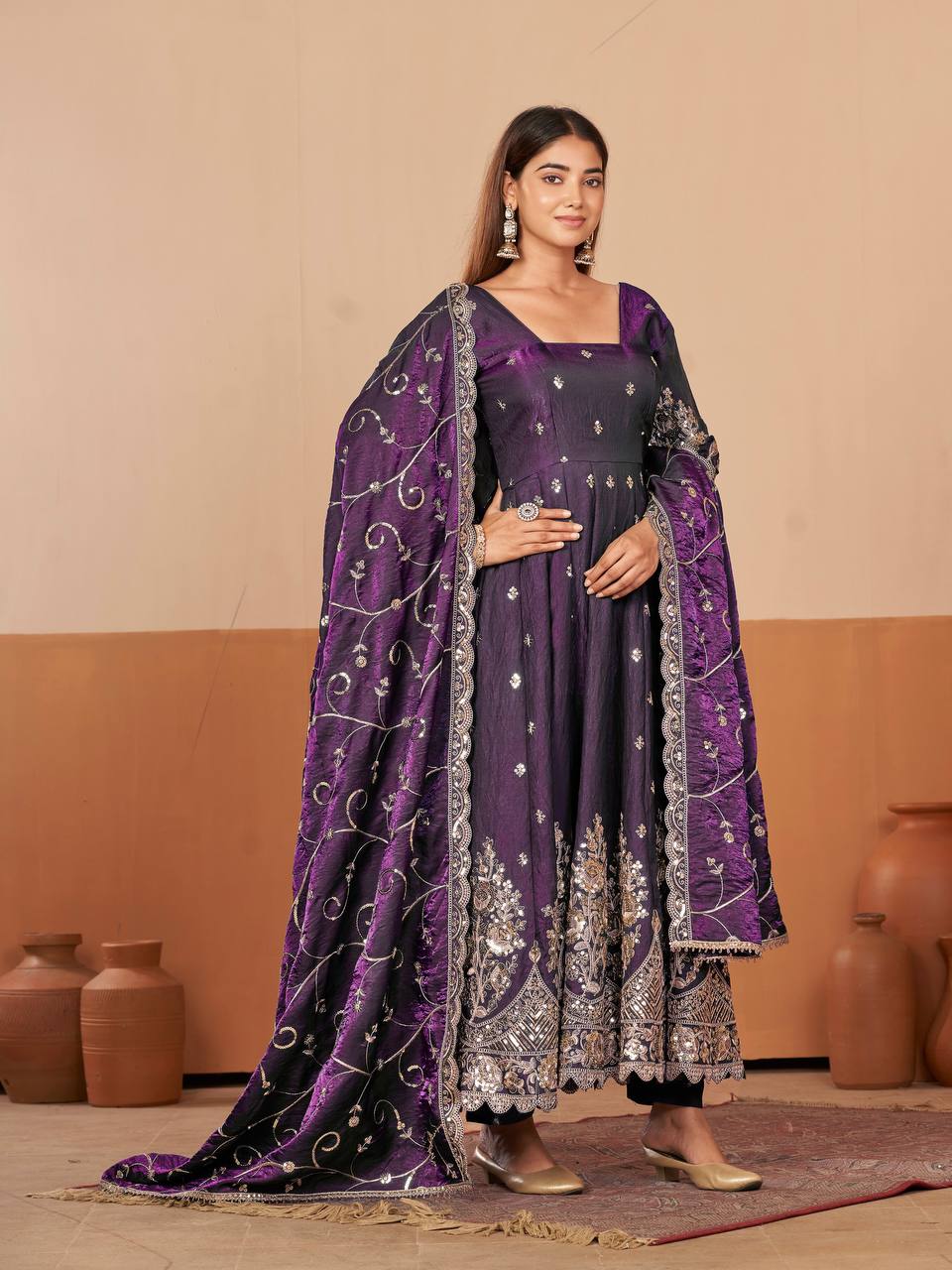 RangBhoomi Designer Party Wear Gown Set — 10 Colors, Heavy Jelly Shimmer Silk, Fully Stitched Embroidered Gown with Dupatta & Micro-Cotton Pant