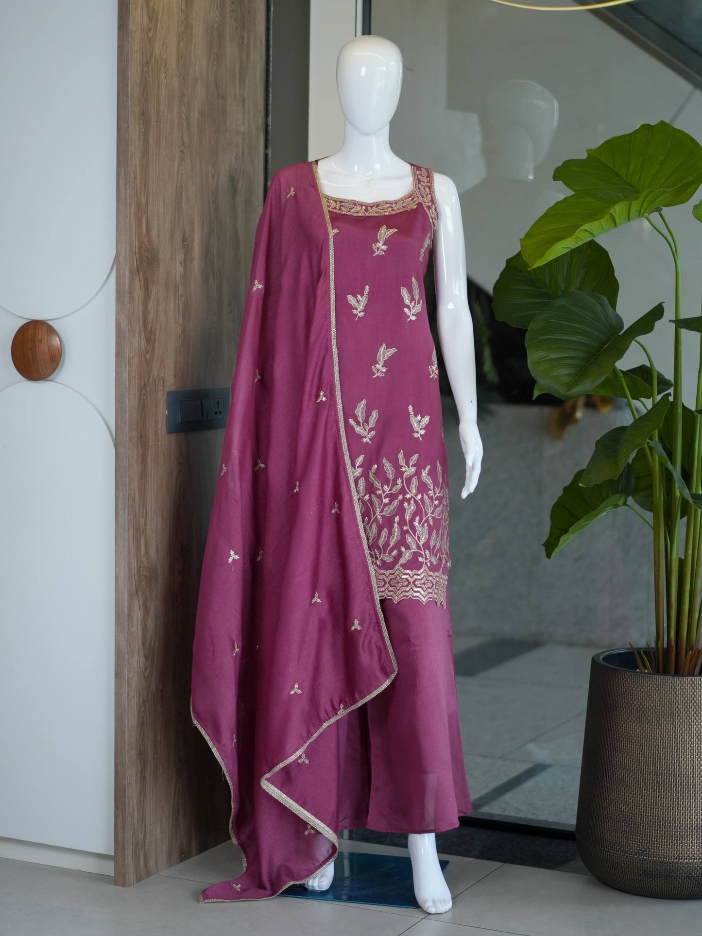 Designer Fusion Style Luxury Edition Women's Ethnic Ensemble – Vichitra Silk Embroidered Top, Palazzo, and Heavy Lace Dupatta
