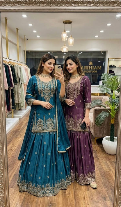 RangBhoomi Cinon Silk Embroidered Top, Lehenga & Dupatta Set - Elegant Festive Ensemble
