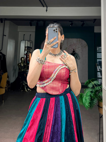 RangBhoomi Navratri Collection 2026 Multicolor Chinon Lehenga with Zari Blouse & Tassel Details