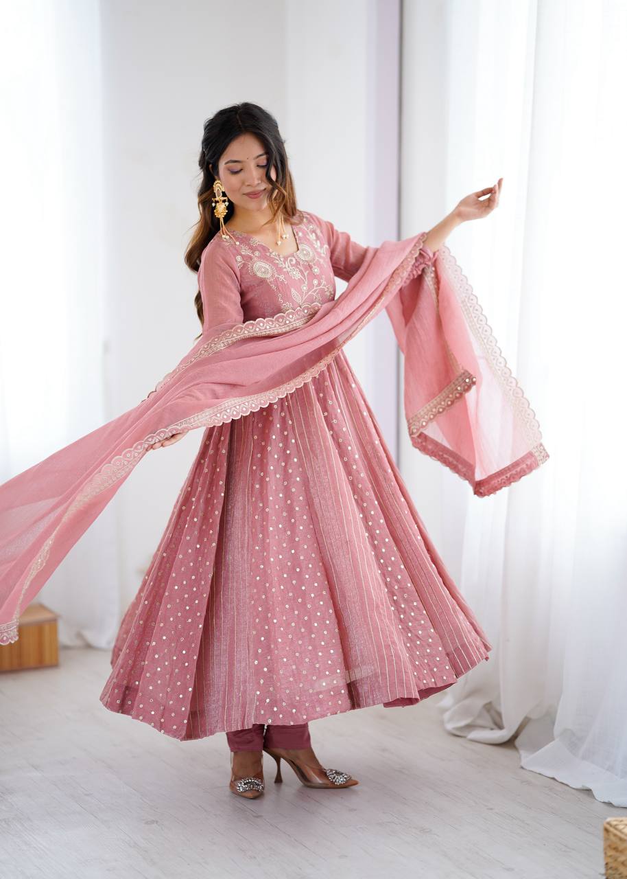 Festive Ready-to-Wear Fully Stitched Anarkali Gown Set with Embroidered Sequins and Lace-Trimmed Dupatta
