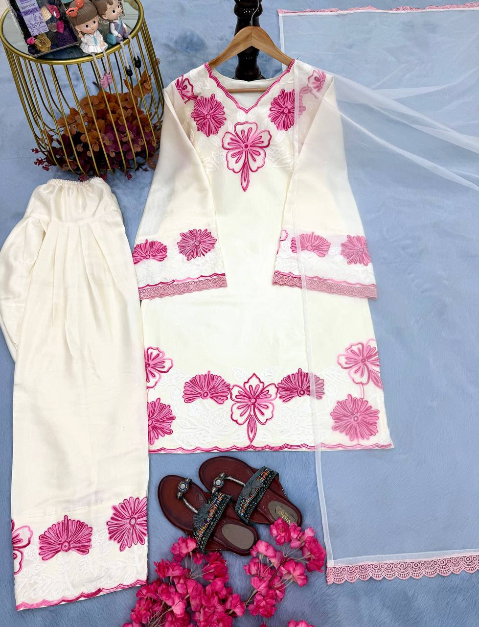 New Designer Party Wear Pure Glass Satin Top & Farshi Palazzo Set with Dupatta