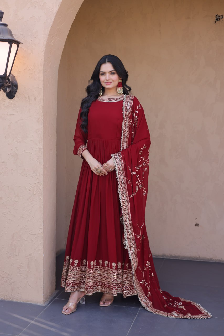 RangBhoomi Premium Maroon Embroidered Faux Blooming Ready‑Made Gown with Dupatta