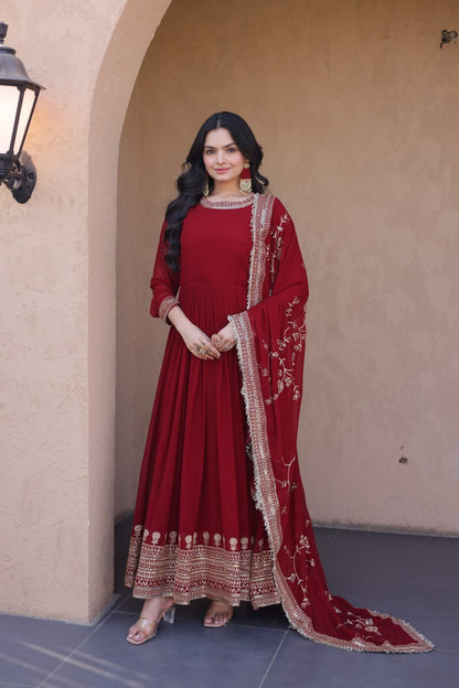 RangBhoomi Premium Maroon Embroidered Faux Blooming Ready‑Made Gown with Dupatta