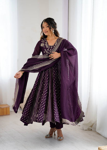 Festive Ready-to-Wear Fully Stitched Anarkali Gown Set with Embroidered Sequins and Lace-Trimmed Dupatta