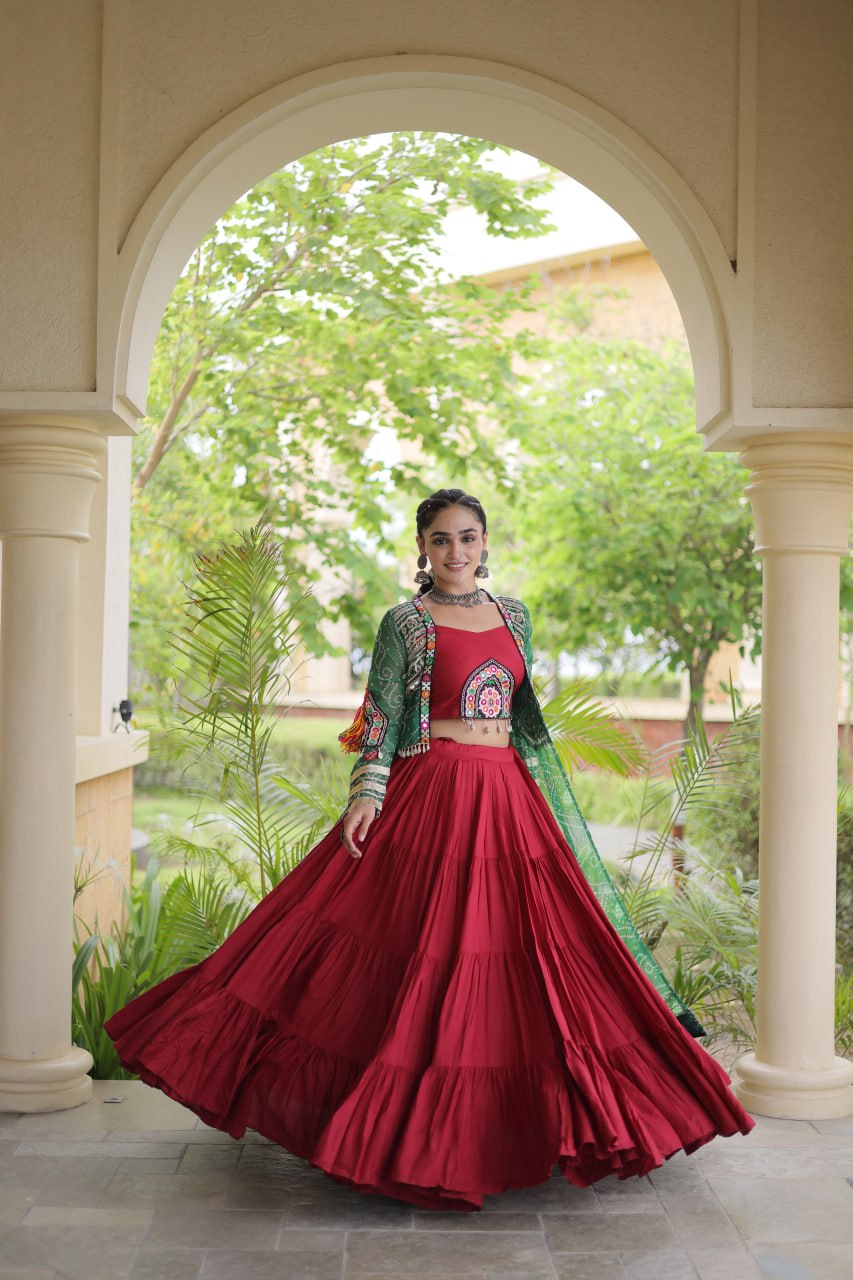 RangBhoomi Navratri 2026 Rayon Lehenga Set with Bandhani Shrug — Full-Stitched Festive Ensemble