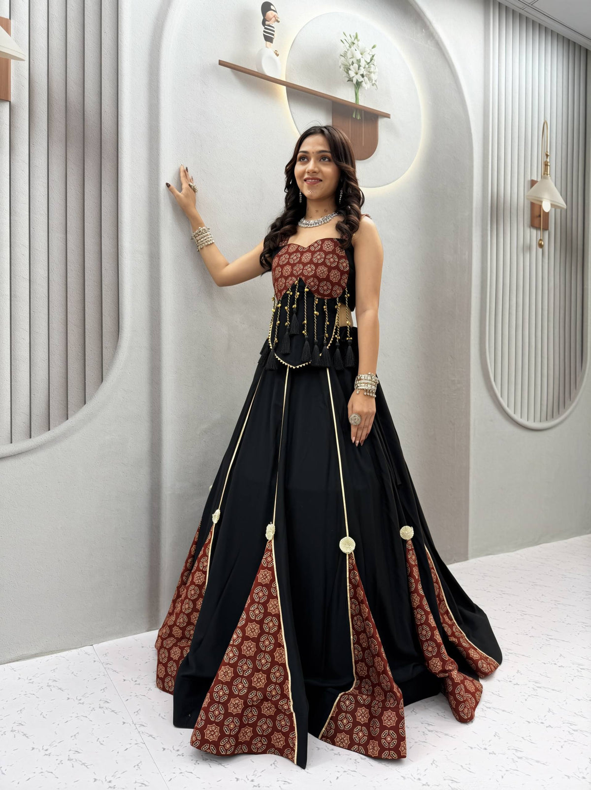 RangBhoomi Ajrak Pure Cotton Lehenga Choli – 6m Flair, Heavy Latkan & Ribbon Work (Fully Stitched)