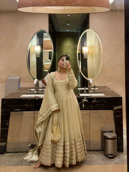 RangBhoomi Premium Chinon Silk Anarkali Gown Set with Heavy Embroidery, 3mm Sequin Sleeve Lace, Crepe Pants, and Sequined Lace Dupatta