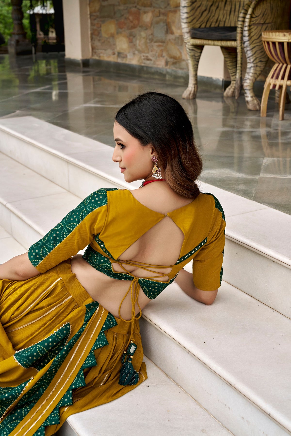 RangBhoomi Navratri 2026 Rayon Ajrakh Lehenga Set with Gotta Patti & Mirror Lace