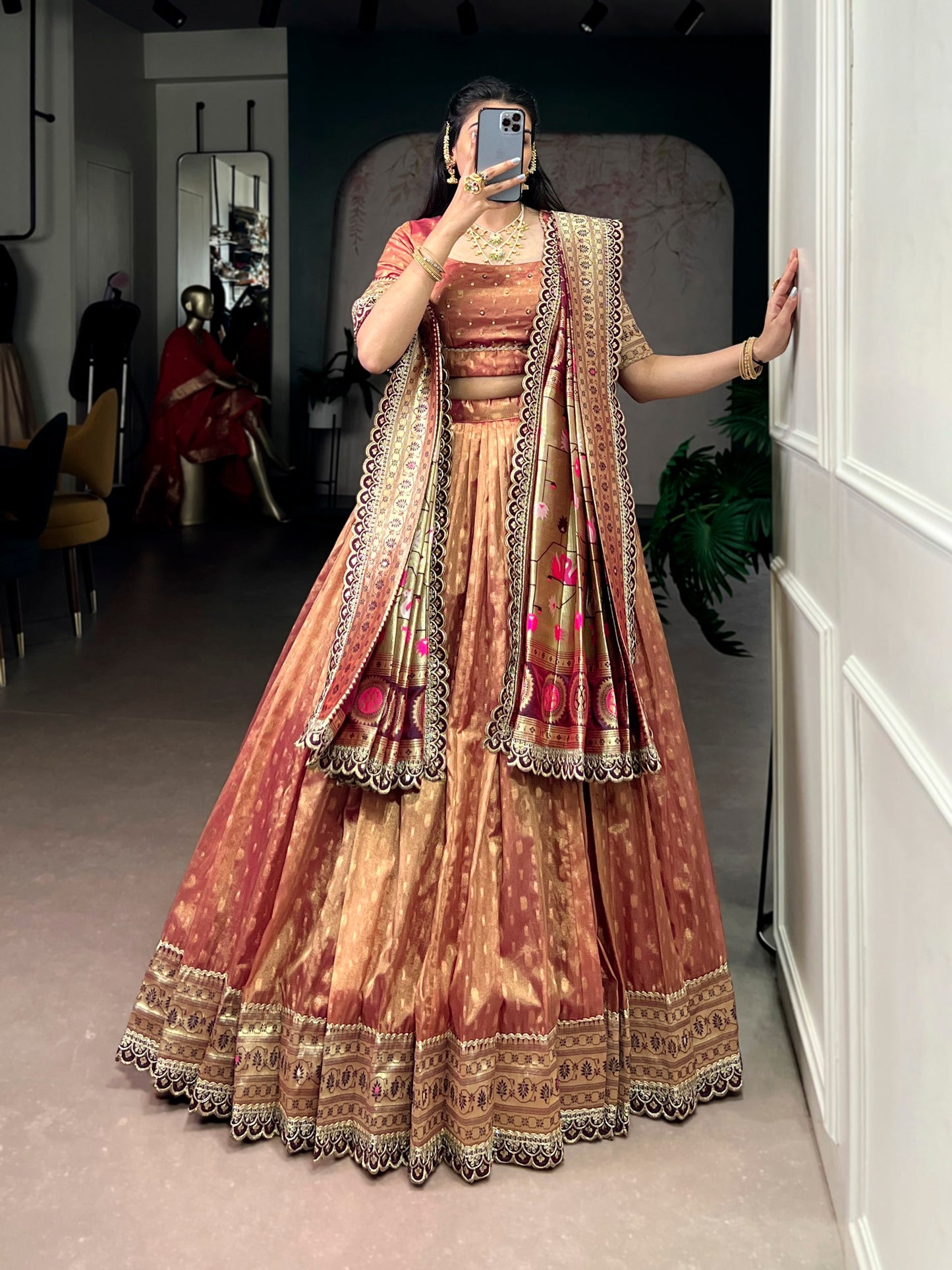 Paithani Lehenga Choli Ensemble 2026 - Shimmering Organza with Zari Weaving and Jacquard Silk Dupatta