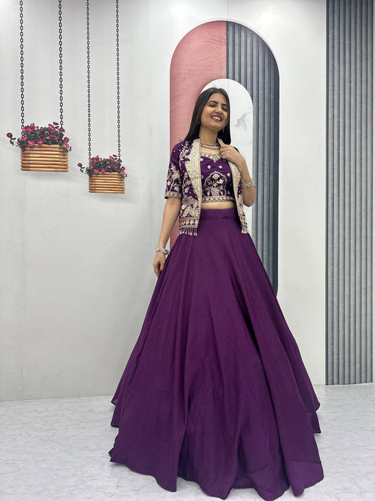 RangBhoomi Festival Special Embroidered Chinon Crop Top Set with Lehenga and Jacket