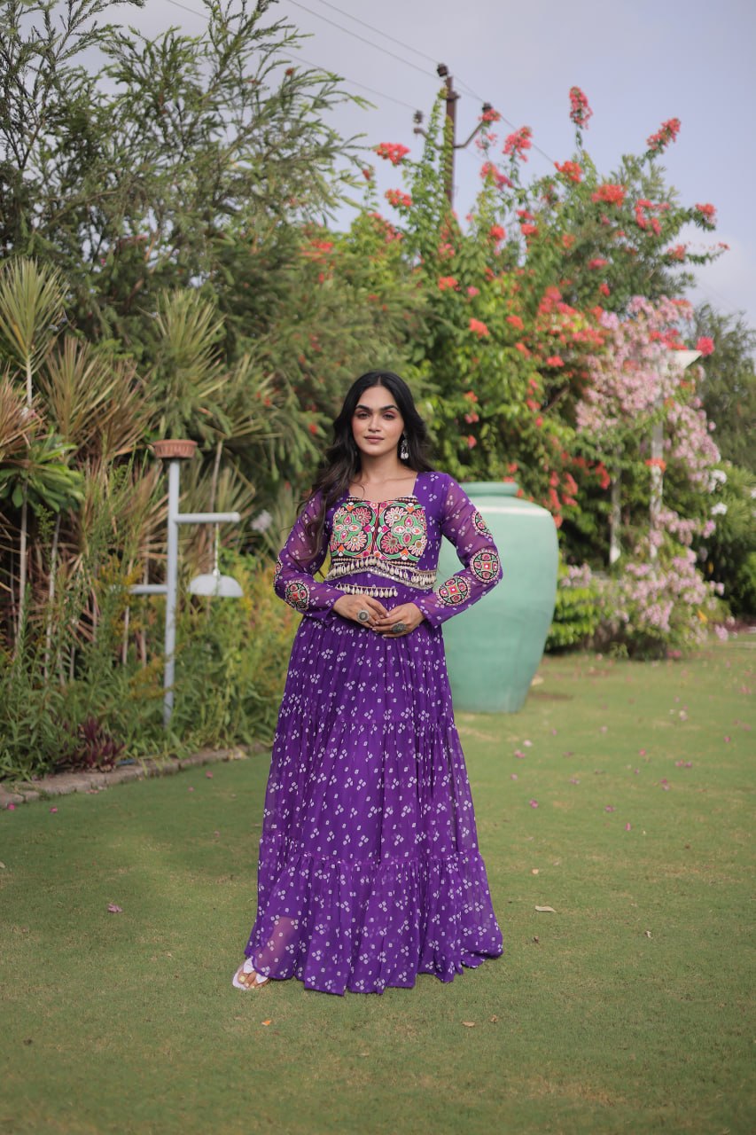 RangBhoomi Bandhani & Kutchi Patchwork Faux Georgette Gown — Full Sleeve, 12m Flair, Cotton Lining