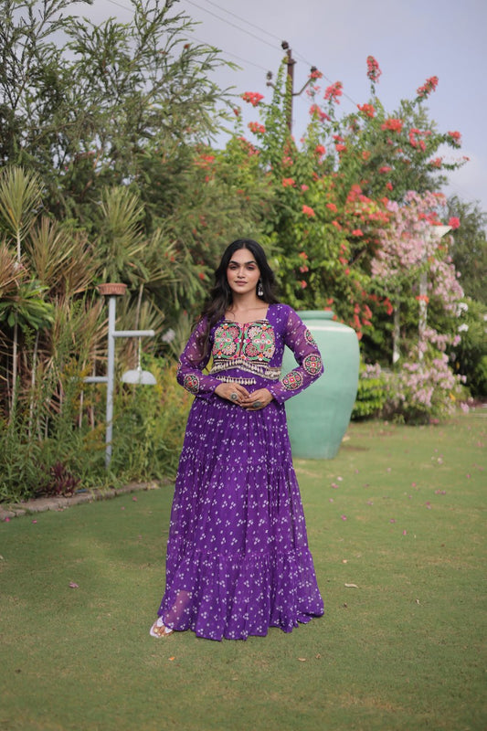 RangBhoomi Bandhani & Kutchi Patchwork Faux Georgette Gown — Full Sleeve, 12m Flair, Cotton Lining