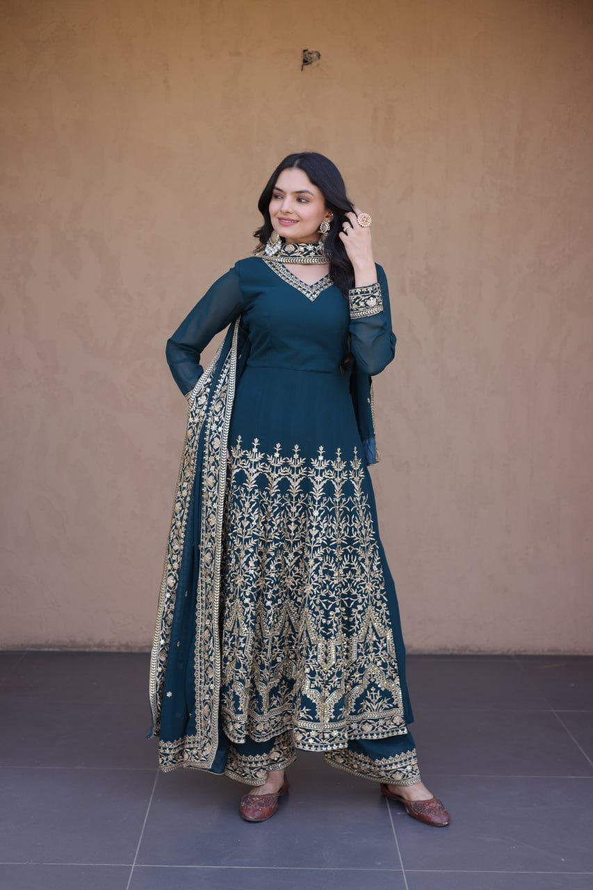 RangBhoomi Premium Readymade Gown with Pant & Dupatta Set - Embroidered Faux Blooming Festive Ensemble