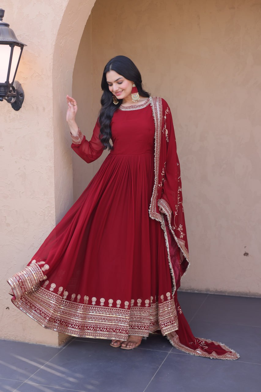 RangBhoomi Premium Maroon Embroidered Faux Blooming Ready‑Made Gown with Dupatta