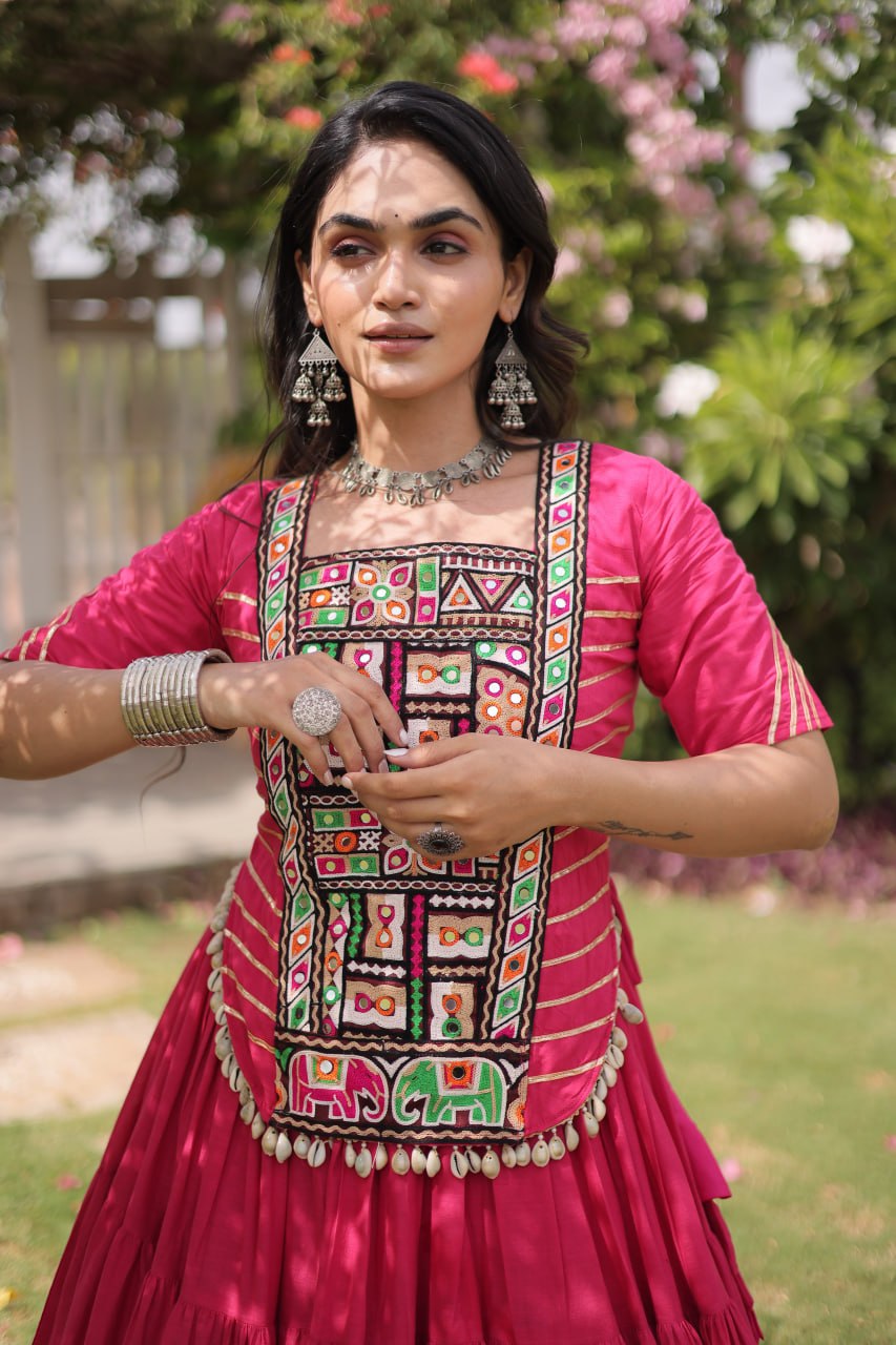 RangBhoomi Navratri 2026 Kora Cotton Full-Stitched Lehenga & Blouse Set — L (40", Adjustable 38–44)